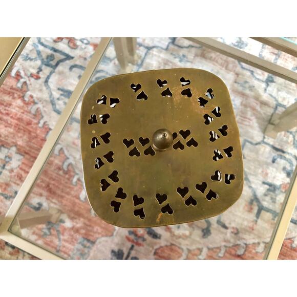 Vintage Rounded Square Brass Trinket Box Stamped Metal Heart Cutouts - Picture 7 of 10